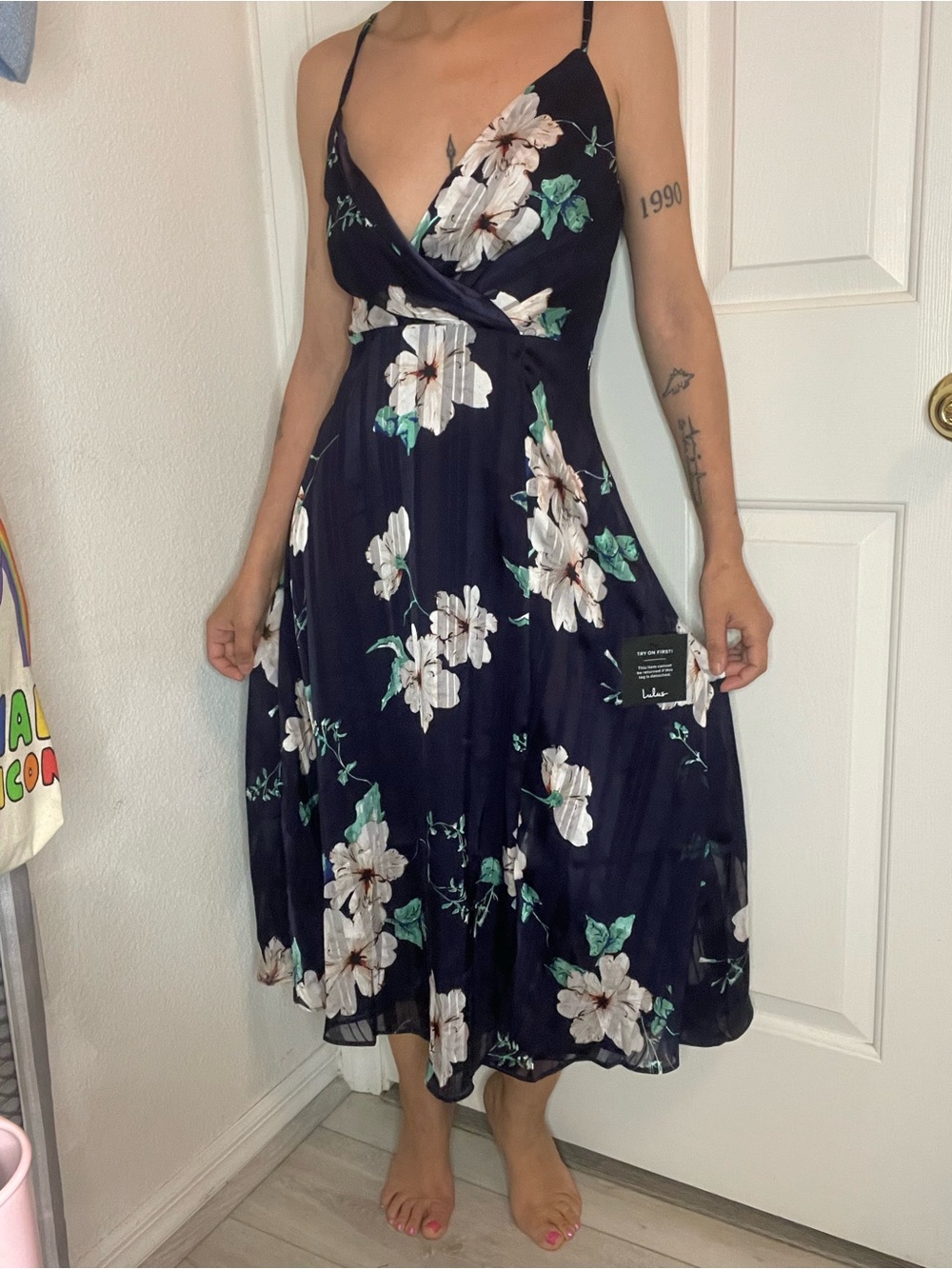 Lulus Navy Floral Midi Dress XS A-Line with Adjustable Straps
